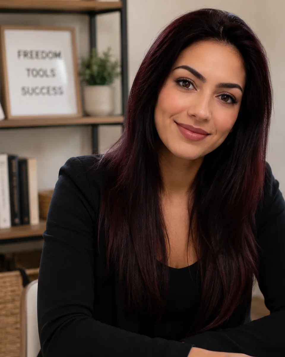 Bria, founder of Homeschool FTS, seated in a warm home office
